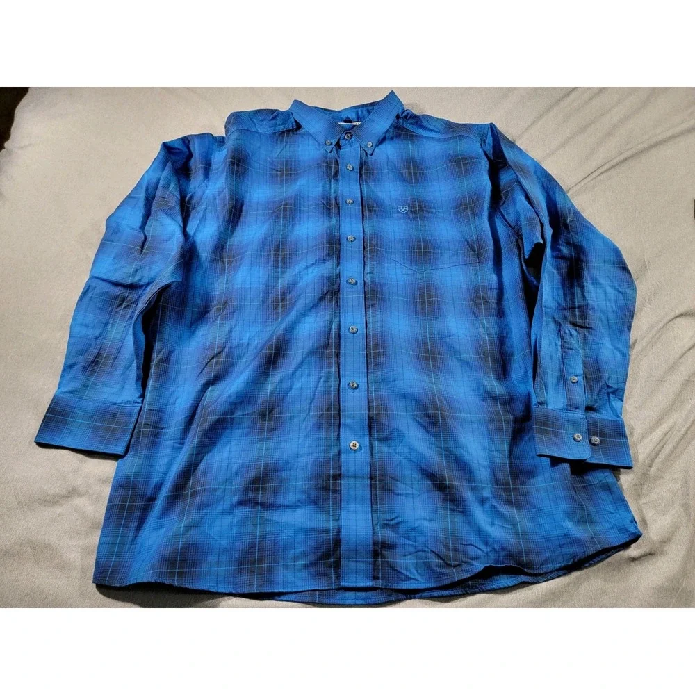 Ariat Pro Series‎ Mens Blue Tartan Plaid Long Sleeve Shirt Button Up Vented 2XL